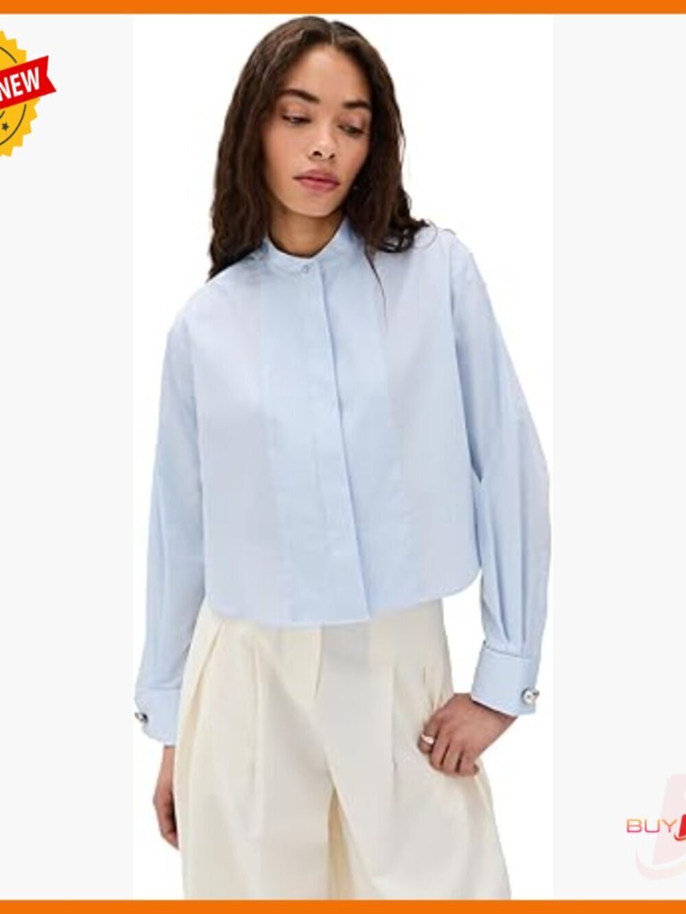 Cropped Cotton Twill Top with Collar and Long Sleeves